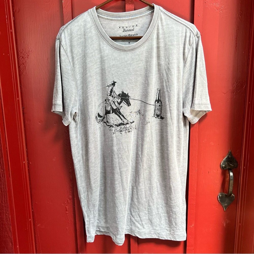 Lucky Brand Gray Short Sleeve Tee with Cowboy Beer Design VERY Soft material!